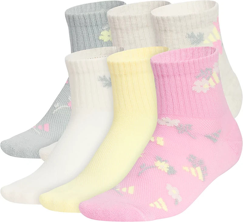adidas Girls' Cushioned Graphic Quarter Socks 6-Pack
