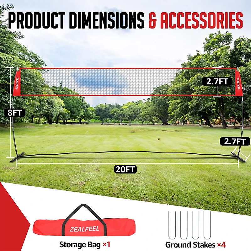 Zealfeel Adjustable Portable 20 ft Volleyball Training Net