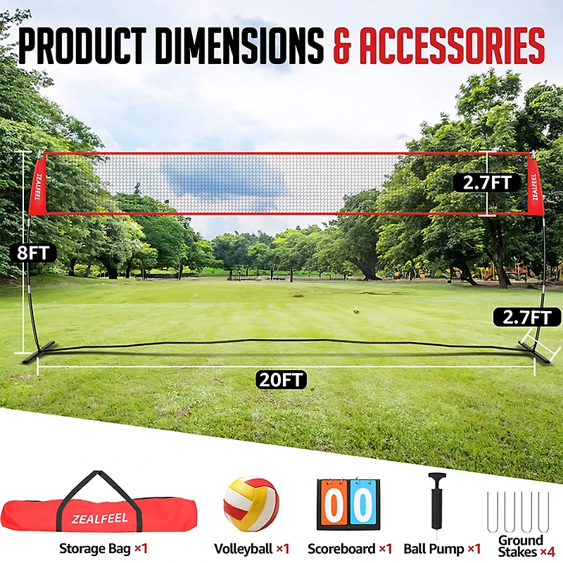 Zealfeel Adjustable Portable 20 ft Volleyball Training Net Set