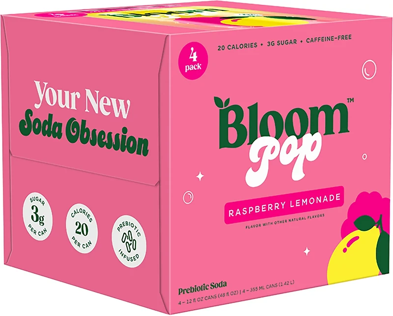 Bloom Nutrition Pop Raspberry Lemonade Prebiotic Soda 4-Pack