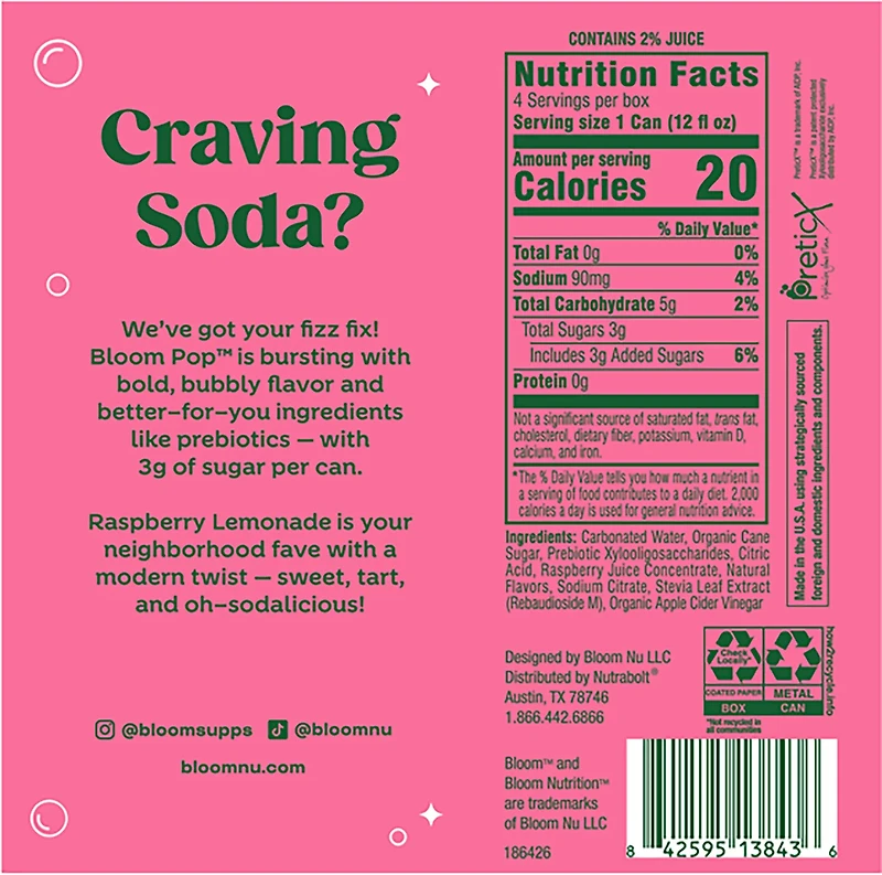 Bloom Nutrition Pop Raspberry Lemonade Prebiotic Soda 4-Pack