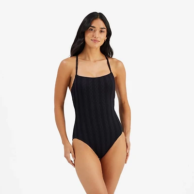 Freely Women's Cardigan Texture Ring Back 1-Piece Swimsuit