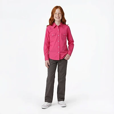 Wrangler Girls' Solid Western Snap Long Sleeve Shirt