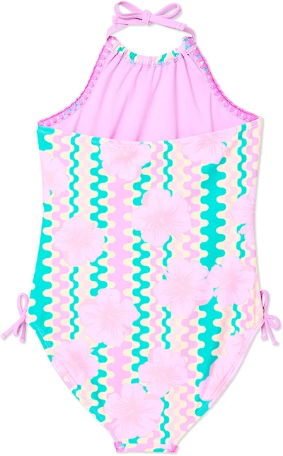 Breaking Waves Girls' One Piece Swimsuit with Pop Stitching and Cinched Sides