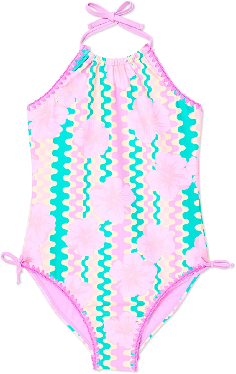Breaking Waves Girls' One Piece Swimsuit with Pop Stitching and Cinched Sides