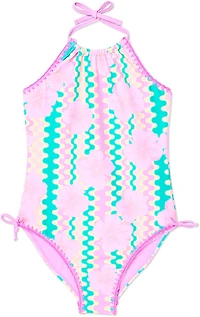 Breaking Waves Girls' One Piece Swimsuit with Pop Stitching and Cinched Sides