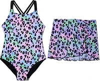 O'Rageous Girls' Leopard Airbrush Tie Dye Crossback 1-Piece Swimsuit with Skirt Coverup