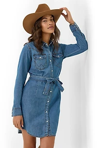 Wrangler Women's Denim Long Sleeve Tie Belt Dress