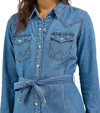 Wrangler Women's Denim Long Sleeve Tie Belt Dress