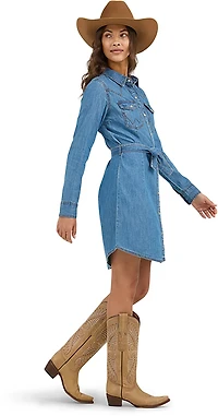 Wrangler Women's Denim Long Sleeve Tie Belt Dress