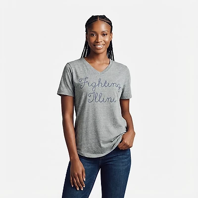 Three Square Women's University of Illinois Knobi Stardust Chain Puff V-neck T-shirt