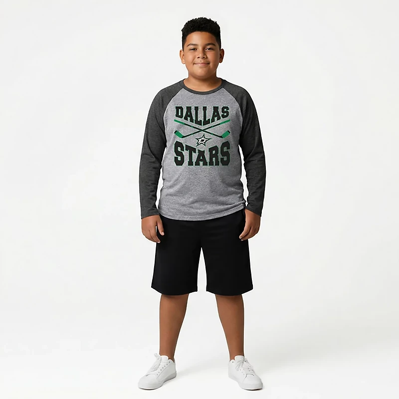 Outerstuff Boys' Dallas Stars Cross Stick Tri-Blend Raglan Long Sleeve Graphic T-shirt