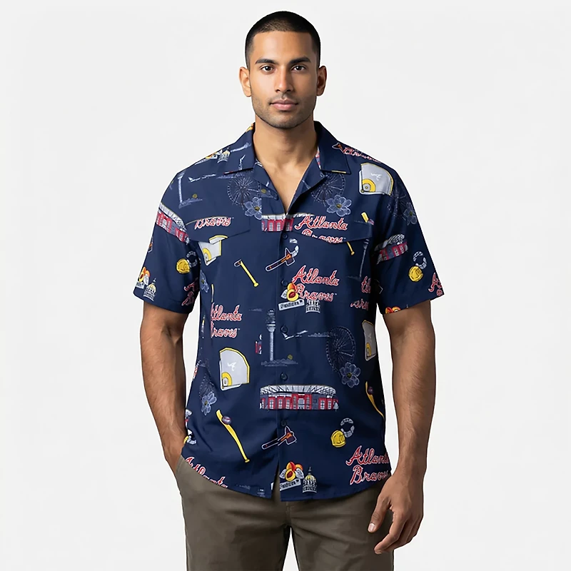 Antigua Men's Atlanta Braves Landmark Woven Short Sleeve Fishing Shirt