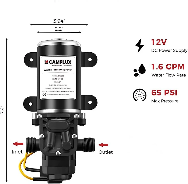 CampLux 12 Volt Water Pressure Diaphragm Pump Kit