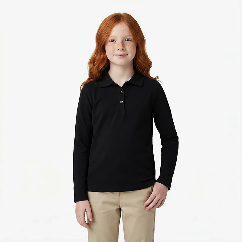 French Toast Girls' Long Sleeve Interlock Knit Polo with Picot Collar