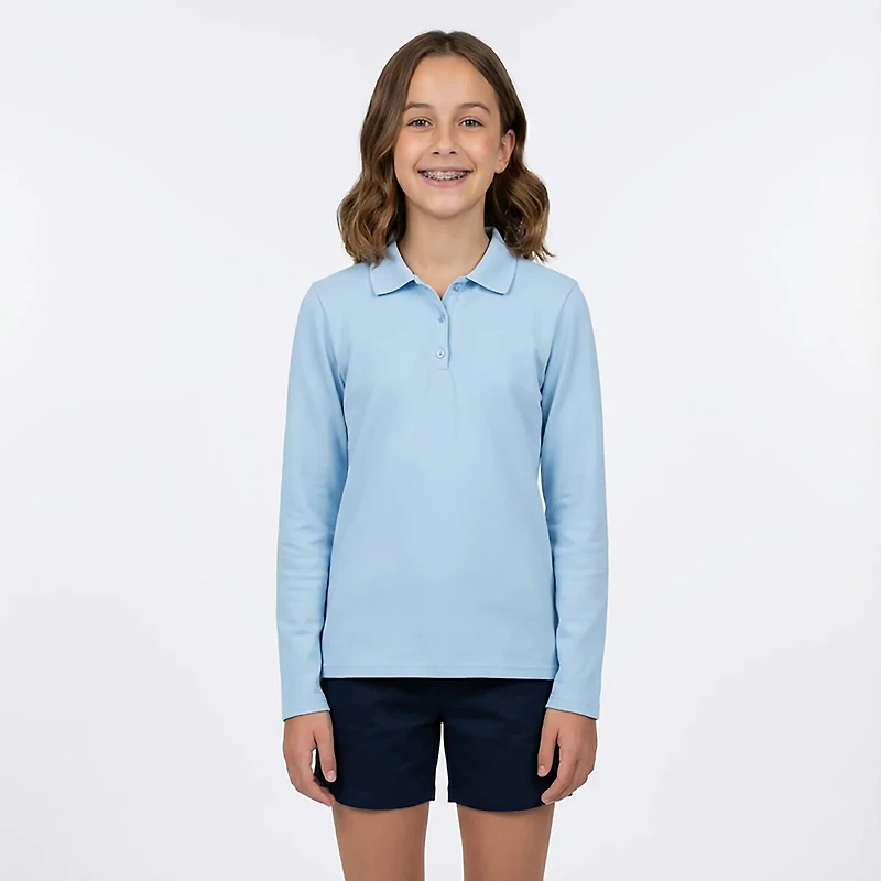 French Toast Girls' Extended Sizing Long Sleeve Stretch Pique Polo Shirt