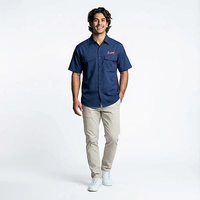 Antigua Men's Atlanta Braves Game Day Woven Fishing Shirt