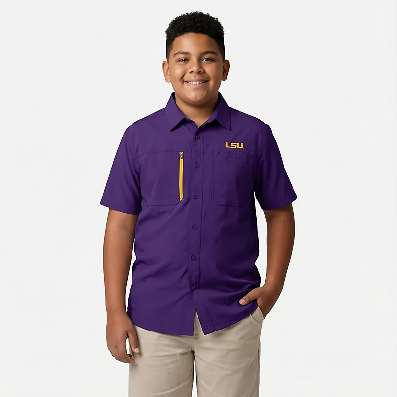 Antigua Men's Louisiana State University Kickoff Woven Short Sleeve Fishing Shirt