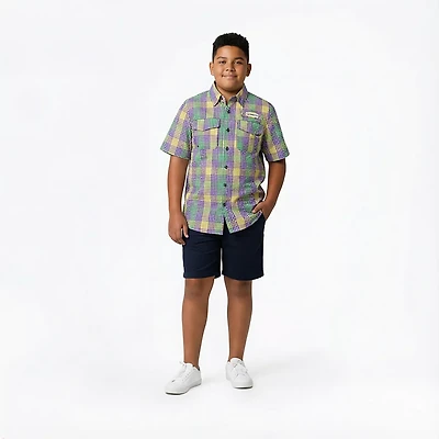 Magellan Outdoors Boys' Mardi Gras Seersucker Gingham Short Sleeve Button-Down Shirt