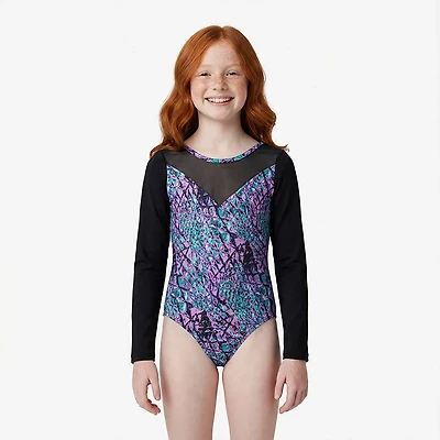Rainbeau Moves Girls' Studded Serpent Print Long Sleeve Leotard
