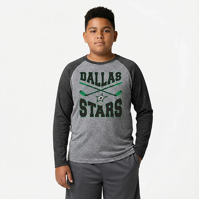 Outerstuff Boys' Dallas Stars Cross Stick Tri-Blend Raglan Long Sleeve Graphic T-shirt
