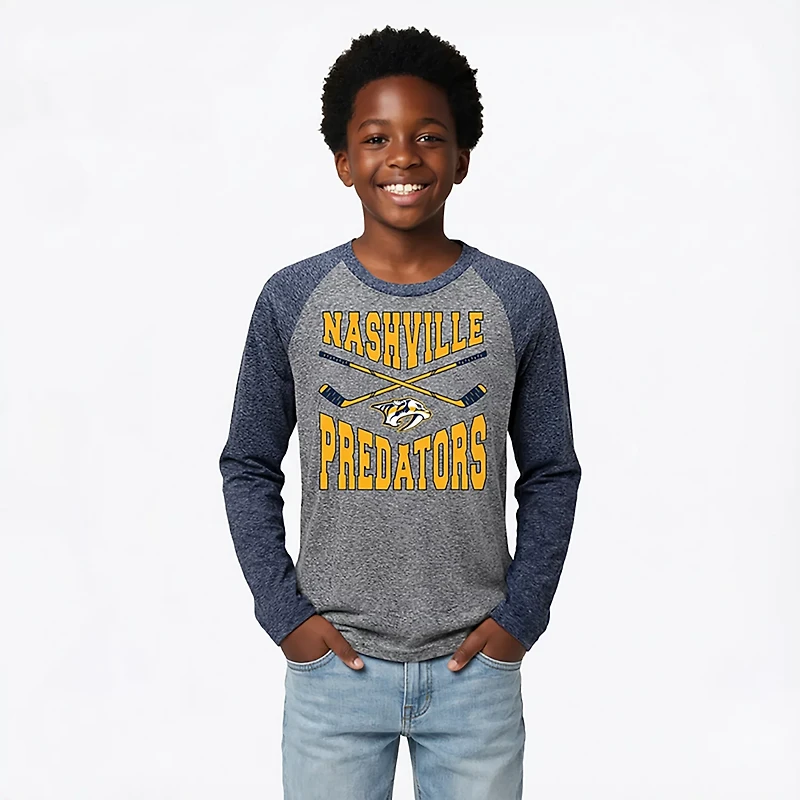 Outerstuff Boys' Nashville Predators Cross Stick Tri-Blend Raglan Long Sleeve Graphic T-shirt