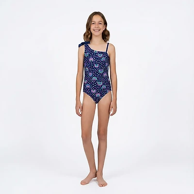 O'Rageous Girls' 4-7 Rainbow Dots 1-Piece One Shoulder Swimsuit