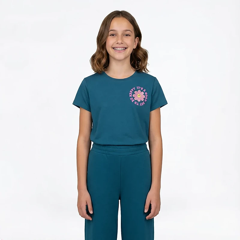 BCG Girls' Lifestyle Positive Daisy Cotton GFX Short Sleeve Graphic T-shirt