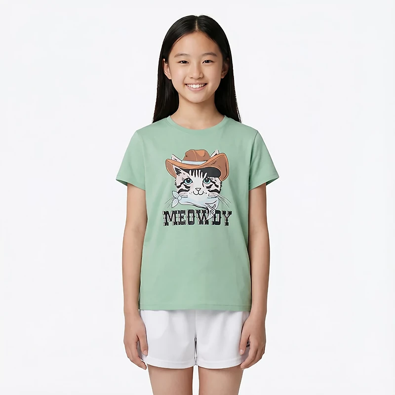 BCG Girls' Lifestyle Meowdy Cotton GFX Short Sleeve Graphic T-shirt