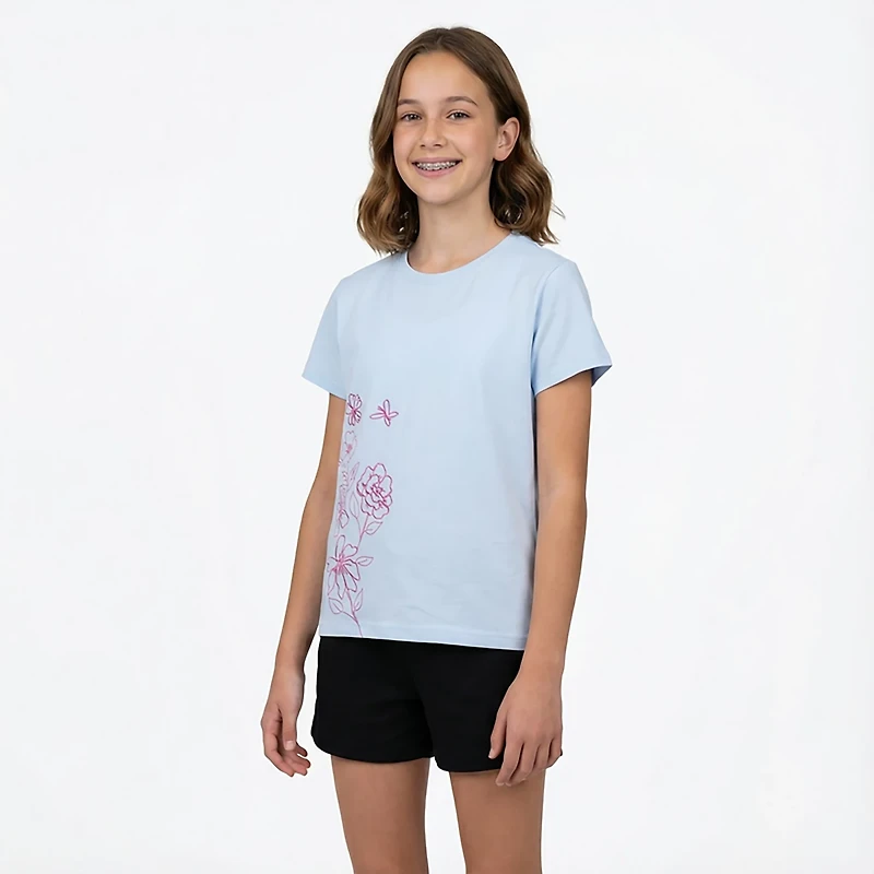 BCG Girls' Lifestyle Dainty Flowers Cotton GFX Short Sleeve Graphic T-shirt