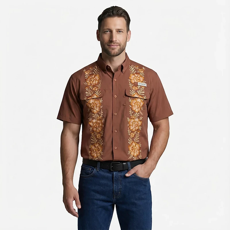 Magellan Outdoors Men's Hispanic Heritage Flores Marron Guayabera Shirt