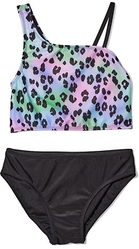 O'Rageous Girls' Leopard Airbrush Tie Dye Asymmetrical 2-Piece Swimsuit