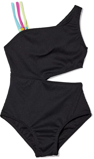 O'Rageous Girls' Black Rib Knit Asymmetrical Cut-Out 1-Piece Swimsuit