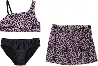 O'Rageous Girls' Charming Leopard Asymmetrical 2-Piece Swimsuit with Skirt Coverup