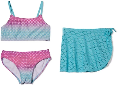 O'Rageous Girls' Mermaid Scale Ombre 2-Piece Swimsuit with a Crochet Coverup Skirt
