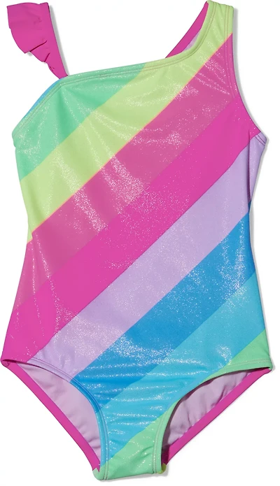 O'Rageous Girls' 4-6X Retro Stripe Asymmetrical Ruffle Strap 1-Piece Swimsuit