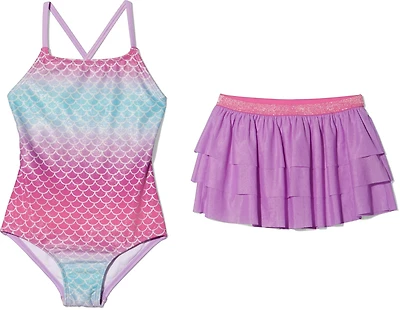 O'Rageous Toddler Girls' Mermaid Scale Ombre Crossback 1-Piece Swimsuit with Ruffle Skirt