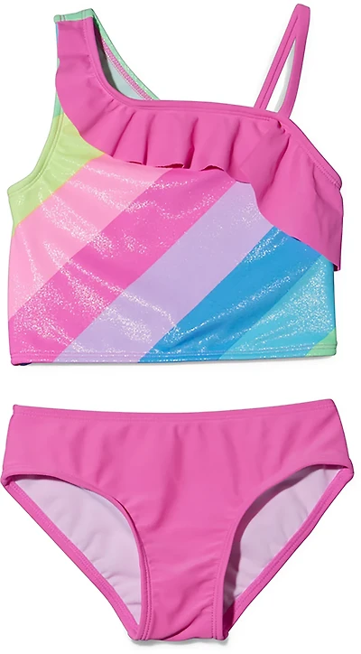 O'Rageous Toddler Girls' Retro Stripe Asymmetrical Ruffle 2-Piece Swimsuit