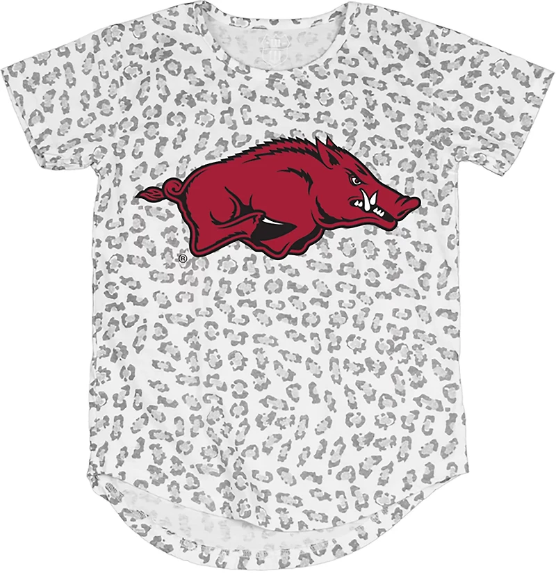 Wes & Willy Girls' University of Arkansas Primary Logo Leopard Burn-Out T-Shirt