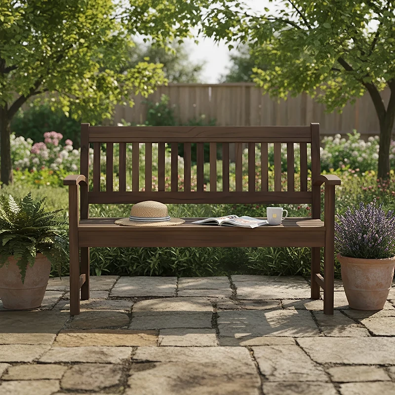 Mosaic Acacia Wood Bench with Slat Back