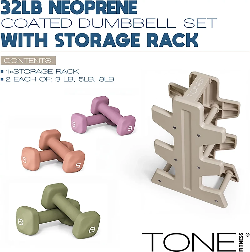 Tone Fitness 32 lb Neoprene Dumbbell Set with Rack