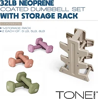 Tone Fitness 32 lb Neoprene Dumbbell Set with Rack