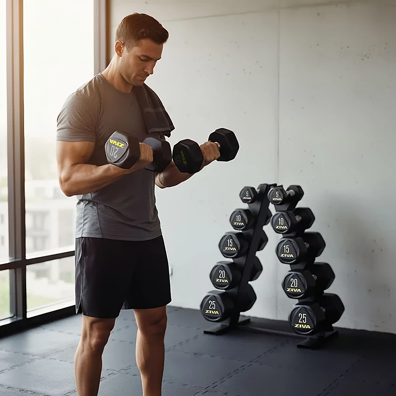 ZIVA 150 lb Hexagon Dumbbell Set with Rack