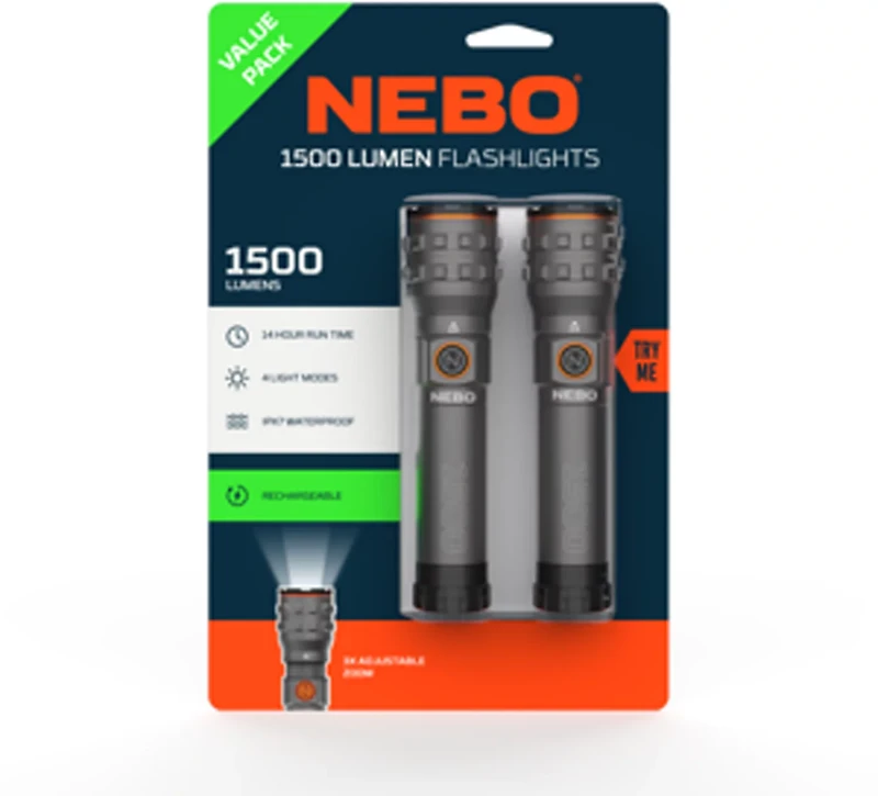 NEBO 1500 Lumen Rechargeable LED Flashlight 2-pack