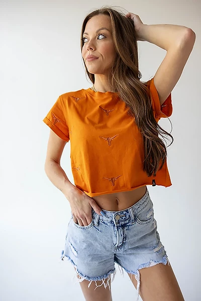 Gameday Social Women's Texas Longhorns Ritter Repeat Cropped Cuffed Short Sleeve T-shirt