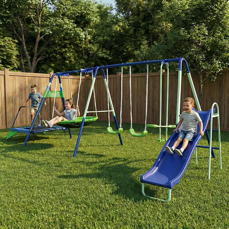 Sportspower Mountain View Metal Slide, Swing and Trampoline Set