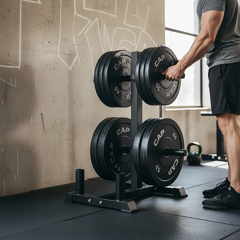 CAP Barbell Olympic Bumper Plate Tree Rack With 4 Plate Posts and 2 Barbell Holders