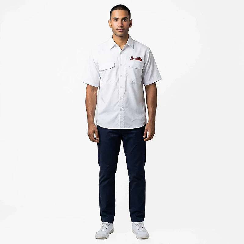 Antigua Men's Atlanta Braves Game Day Woven Fishing Shirt