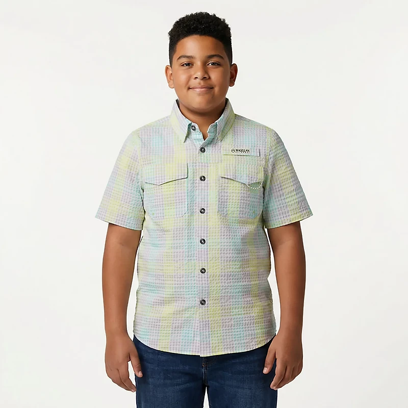 Magellan Outdoors Boys' Seersucker Southern Summer Gingham Button Down Shirt