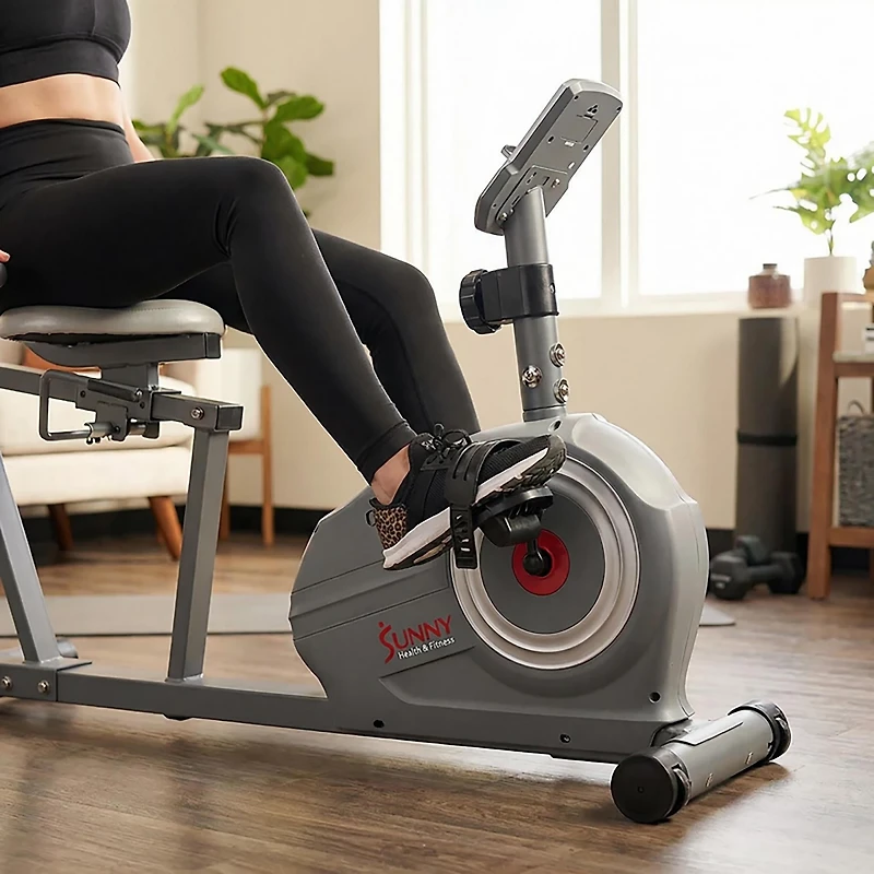 Sunny Health & Fitness Essentials Series Magnetic Smart Recumbent Bike with Bluetooth